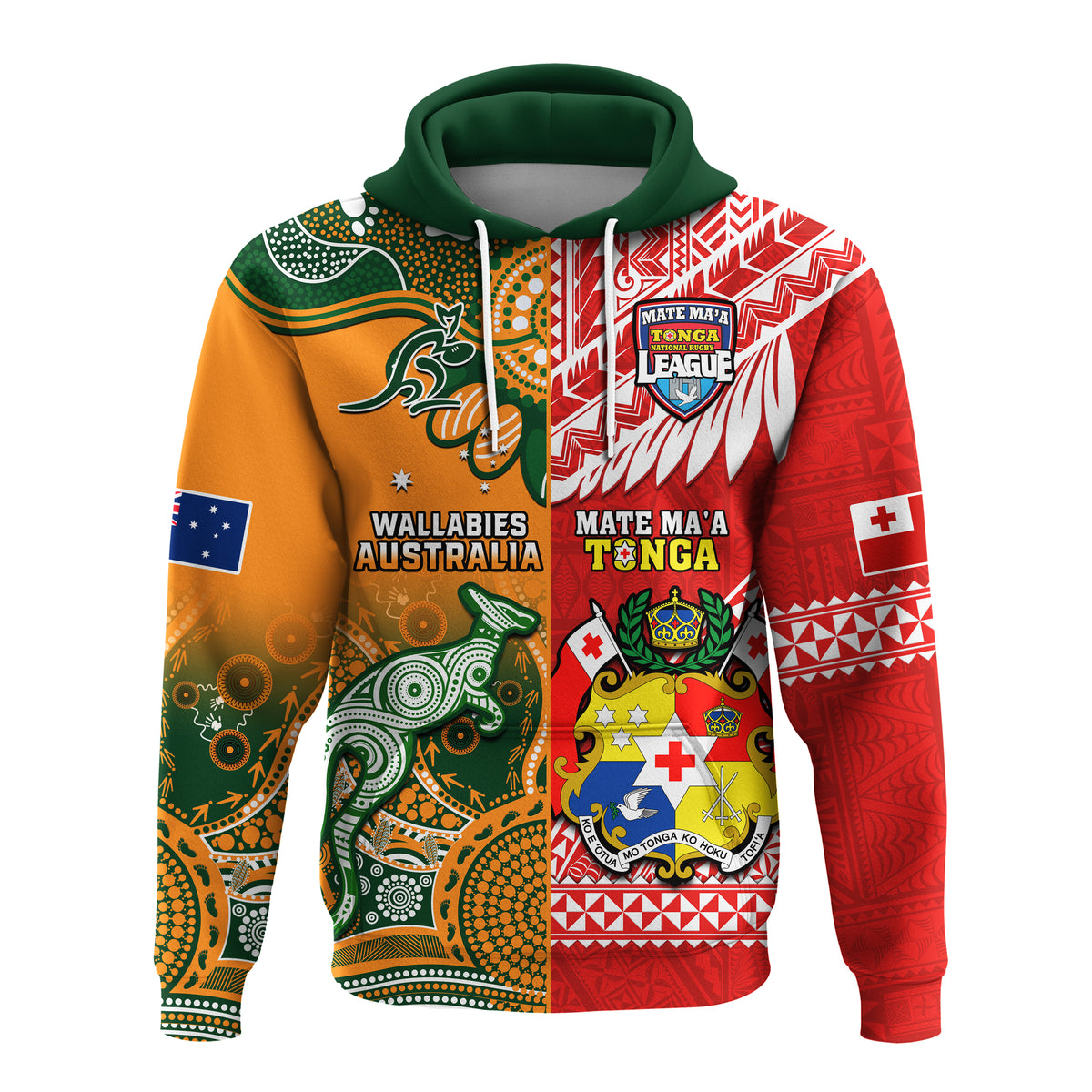 Custom Mate Maa Tonga And Wallabies Rugby Hoodie Polynesian Mix Aboriginal - Wonder Print Shop