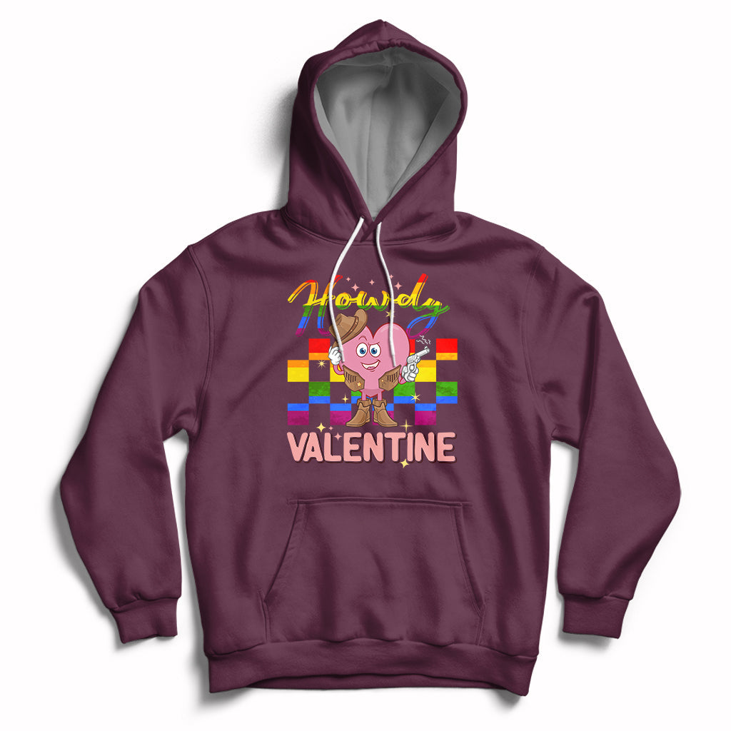 Maroon hoodie with cowboy heart Valentine graphic and colorful Howdy text