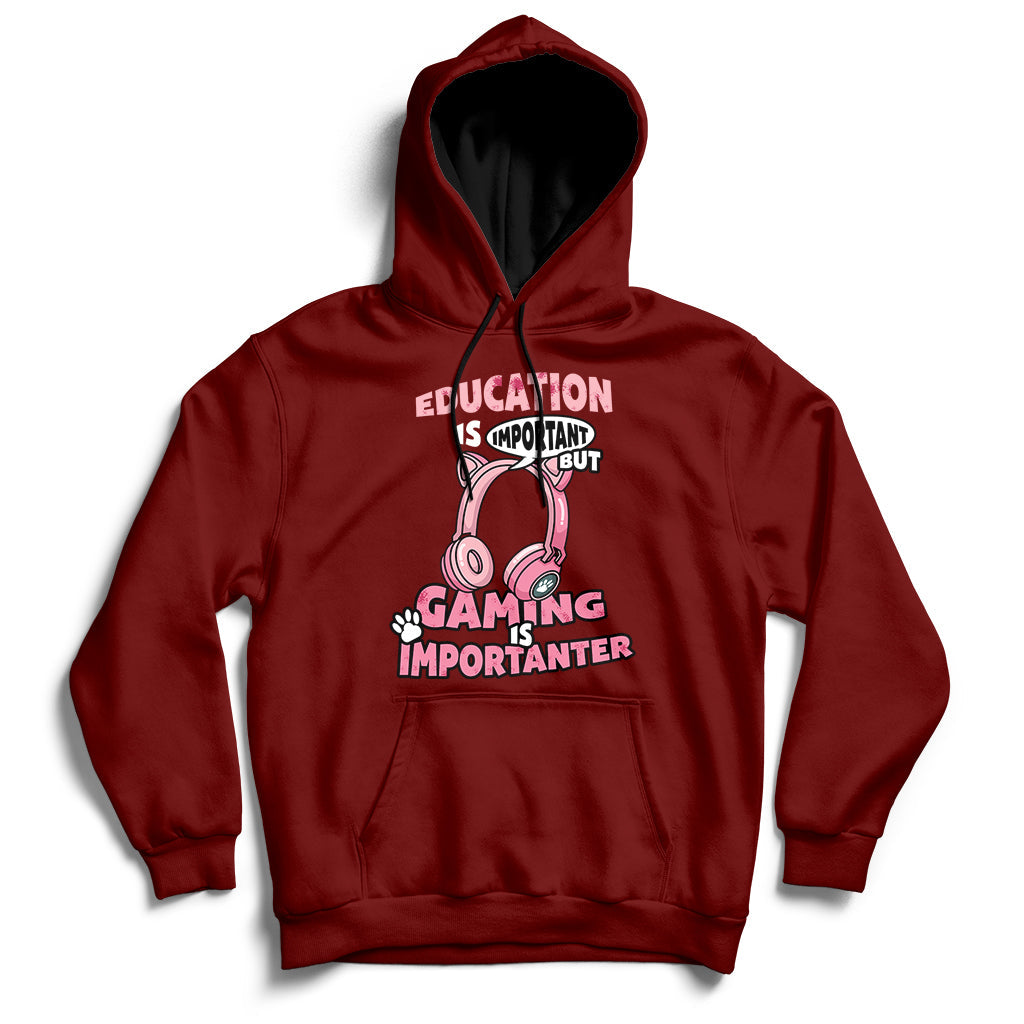 Maroon gamer hoodie with front pouch pocket and colorful “Gaming Importanter” graphic