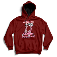 Maroon gamer hoodie with front pouch pocket and colorful “Gaming Importanter” graphic