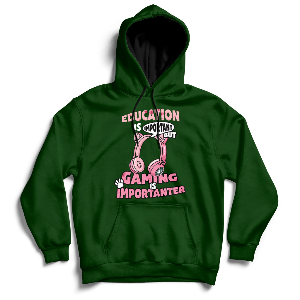 Forest green gamer hoodie with front pouch pocket and colorful “Gaming Importanter” graphic