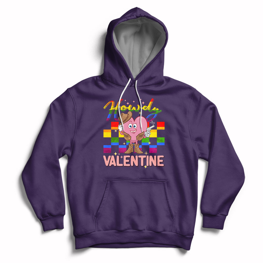 Purple hoodie with cowboy heart Valentine graphic and colorful Howdy text