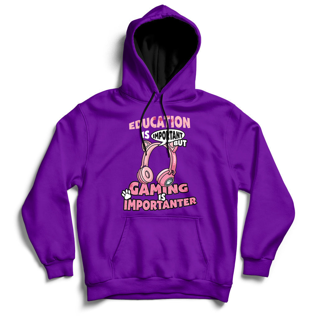 Purple gamer hoodie with front pouch pocket and colorful “Gaming Importanter” graphic