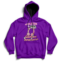 Purple gamer hoodie with front pouch pocket and colorful “Gaming Importanter” graphic