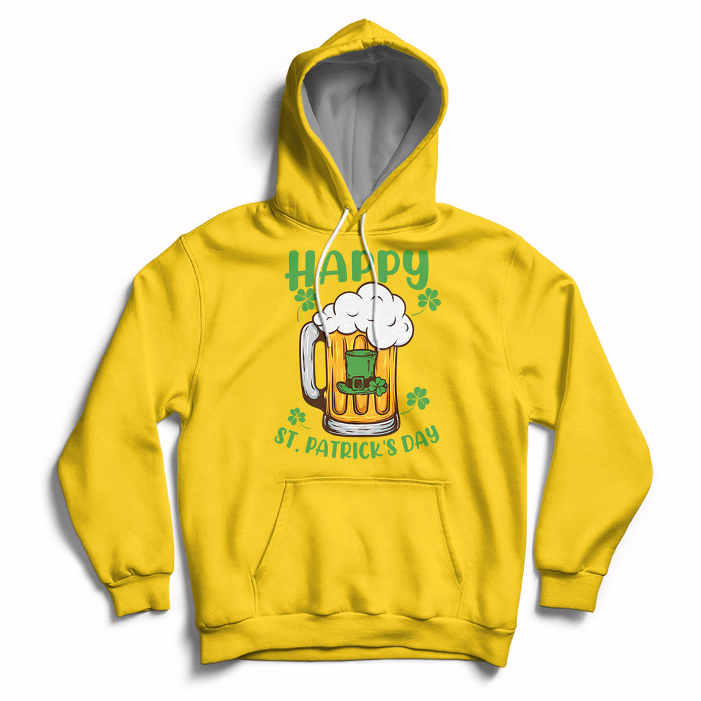 Daisy yellow St. Patrick's Day hoodie with beer mug and shamrock graphic, front pocket and hood