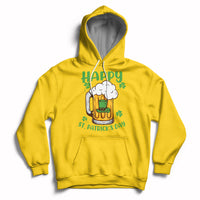 Daisy yellow St. Patrick's Day hoodie with beer mug and shamrock graphic, front pocket and hood