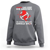 Charcoal crewneck sweatshirt with Cupid arrow graphic and 'single shot' slogan on chest