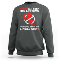 Dark heather crewneck sweatshirt with Cupid arrow graphic and 'single shot' slogan on chest