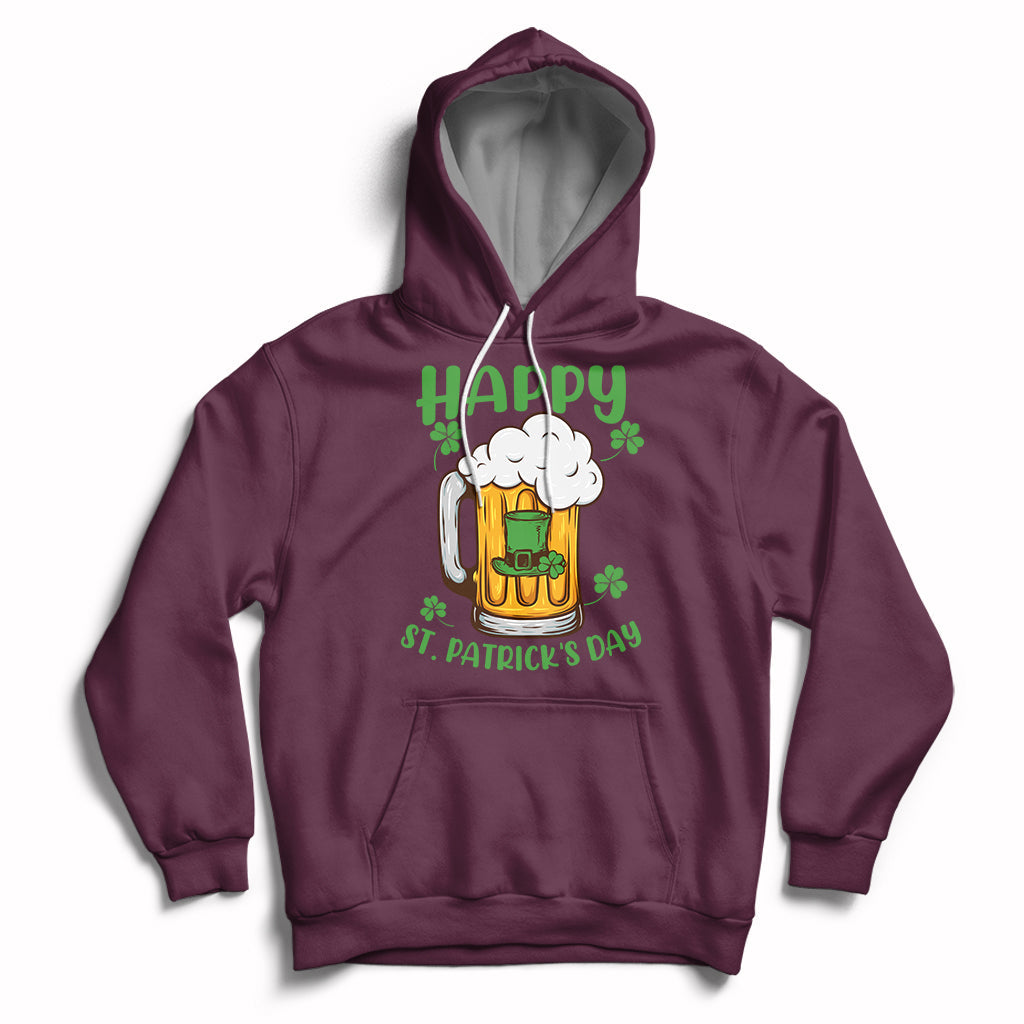 Maroon St. Patrick's Day hoodie with beer mug and shamrock graphic, front pocket and hood