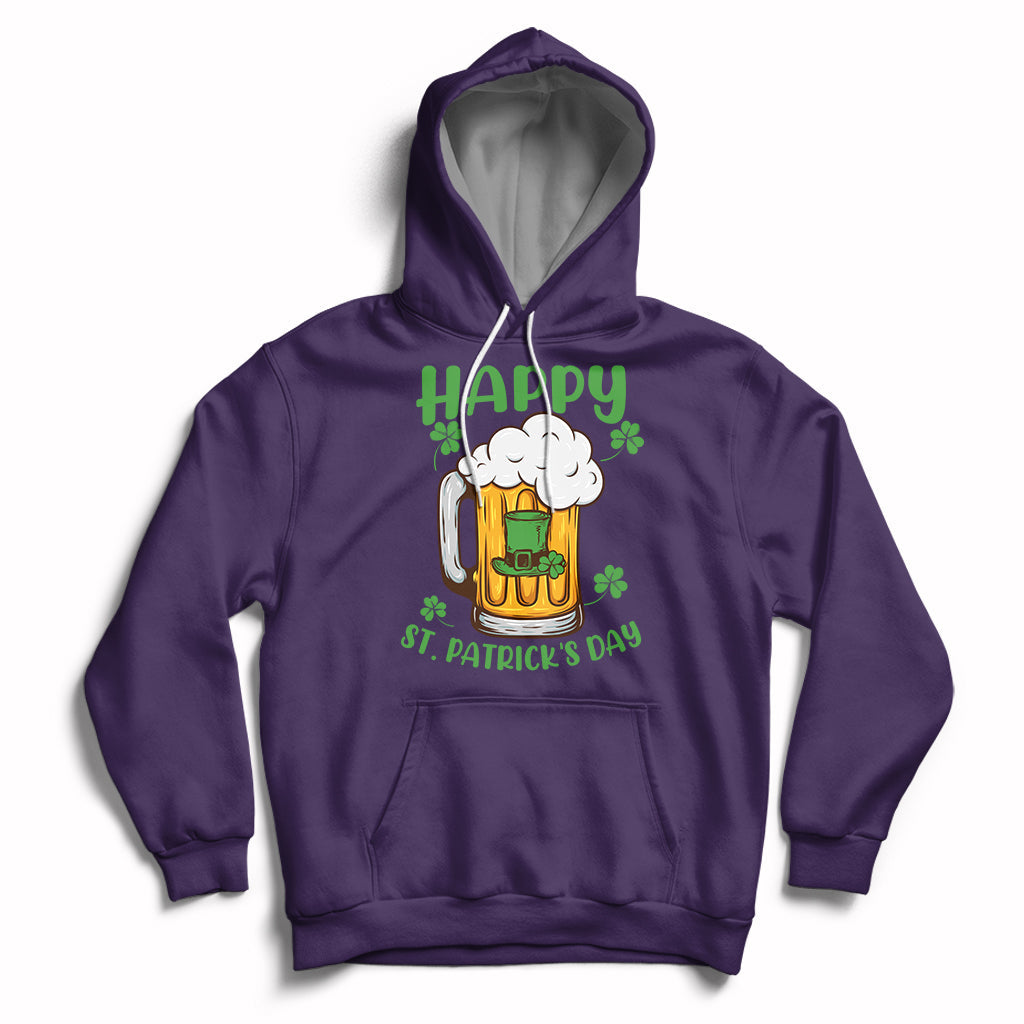 Purple St. Patrick's Day hoodie with beer mug and shamrock graphic, front pocket and hood