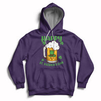 Purple St. Patrick's Day hoodie with beer mug and shamrock graphic, front pocket and hood