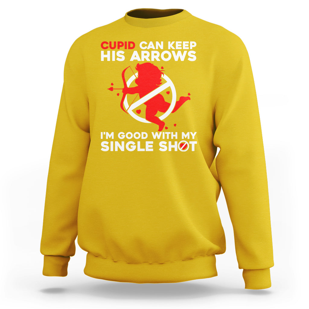 Daisy yellow crewneck sweatshirt with Cupid arrow graphic and 'single shot' slogan on chest