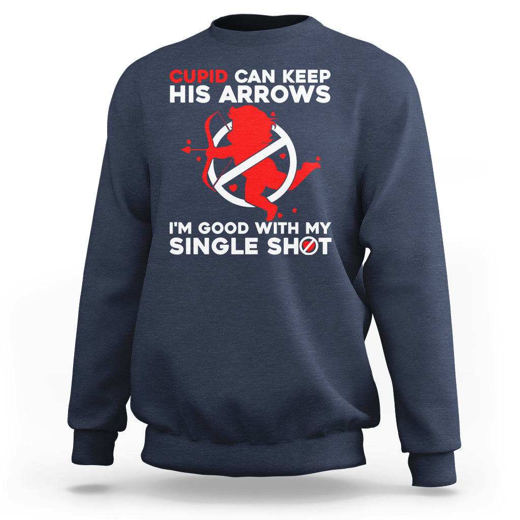 Navy crewneck sweatshirt with Cupid arrow graphic and 'single shot' slogan on chest