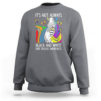 Kids charcoal gray crewneck sweatshirt with zebra and rainbow awareness graphic on front.