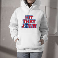 White hooded sweatshirt with front pocket and centered 'HIT THAT JAWN' graphic