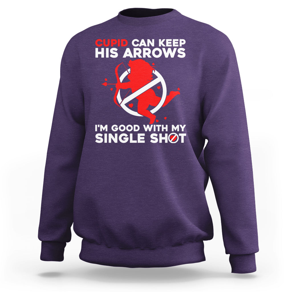 Purple crewneck sweatshirt with Cupid arrow graphic and 'single shot' slogan on chest