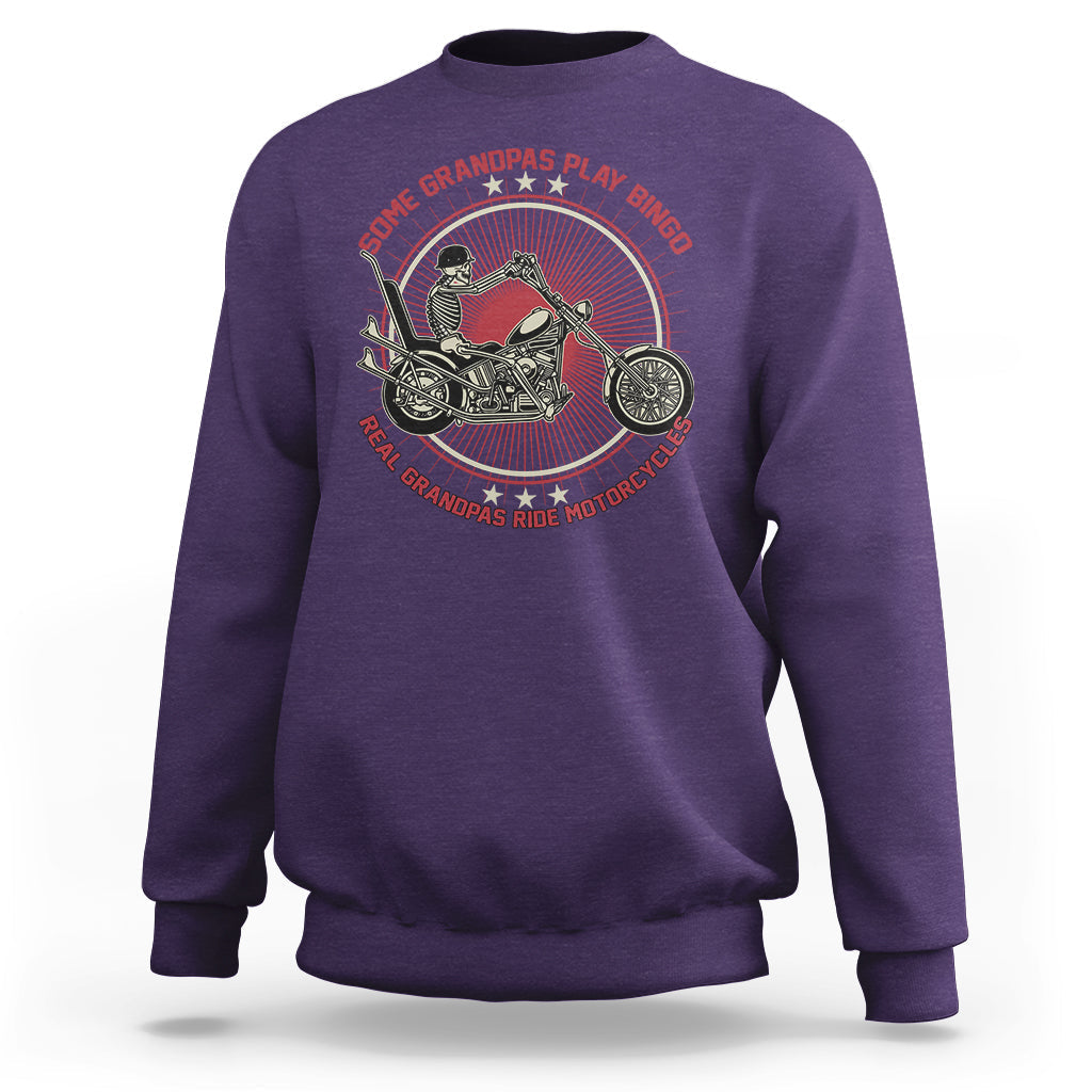 Purple crewneck sweatshirt with biker graphic and round text on back