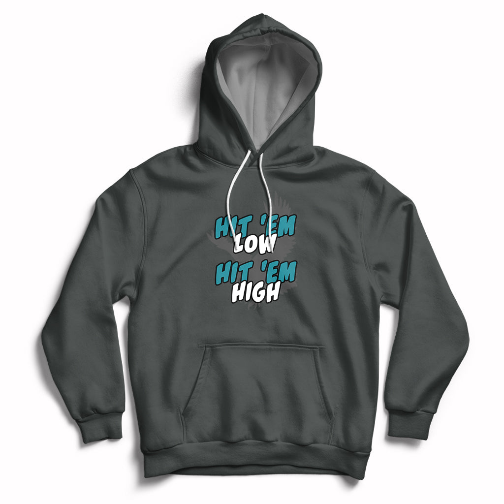 Dark heather pullover groovy hoodie with front graphic "Hit 'Em Low, Hit 'Em High"