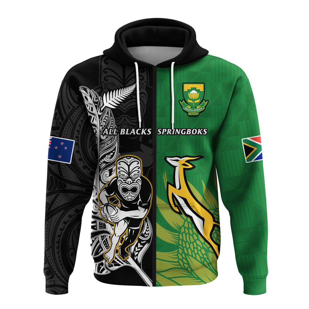 Custom New Zealand And South Africa Rugby Hoodie All Black Maori Mix Springboks - Wonder Print Shop