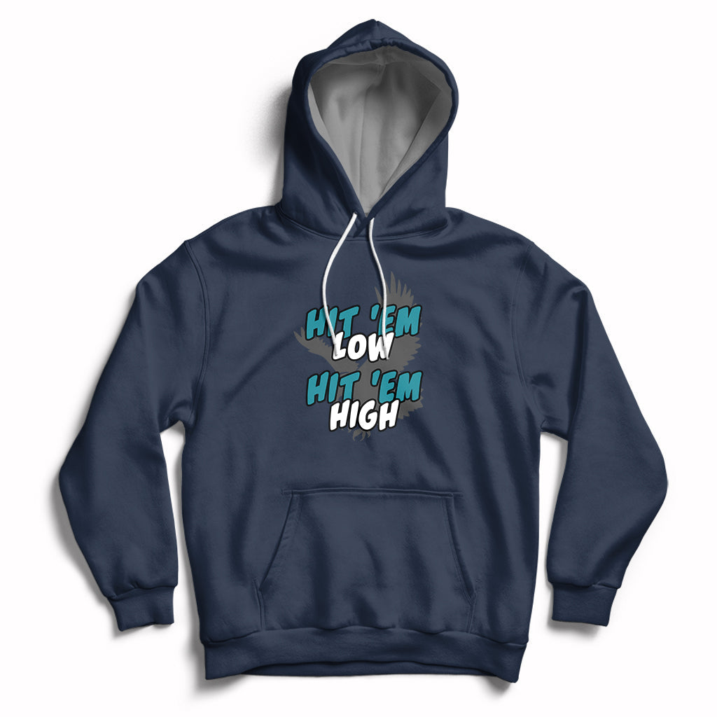 Navy pullover groovy hoodie with front graphic "Hit 'Em Low, Hit 'Em High"
