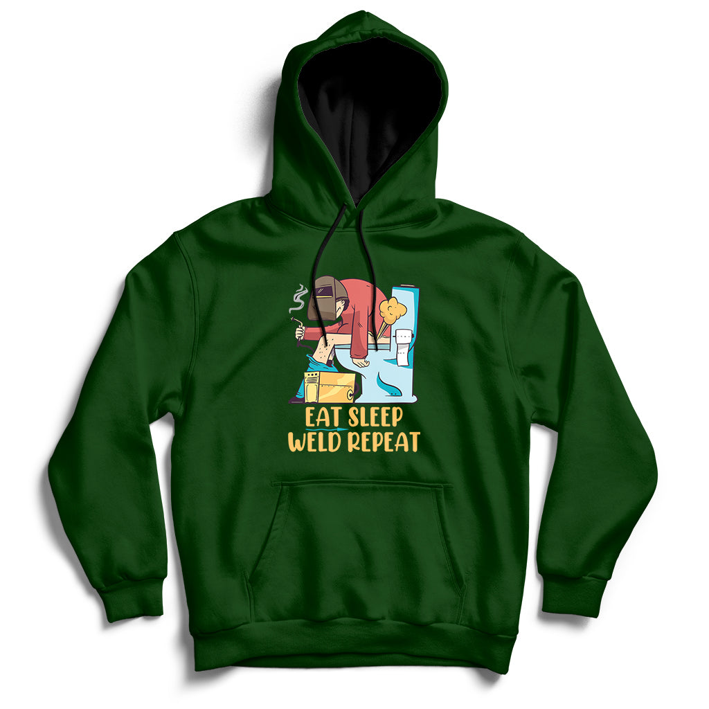 Forest green welding hoodie with front graphic and kangaroo pocket, pullover hood with drawstrings