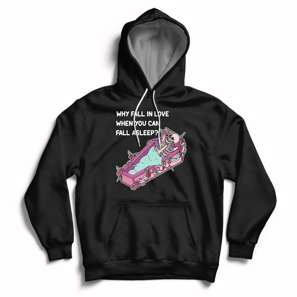 Black skeleton cartoon graphic hoodie with front pocket and pullover hood.