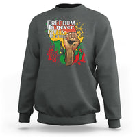 Dark heather gray crewneck sweatshirt with colorful freedom graphic on the chest