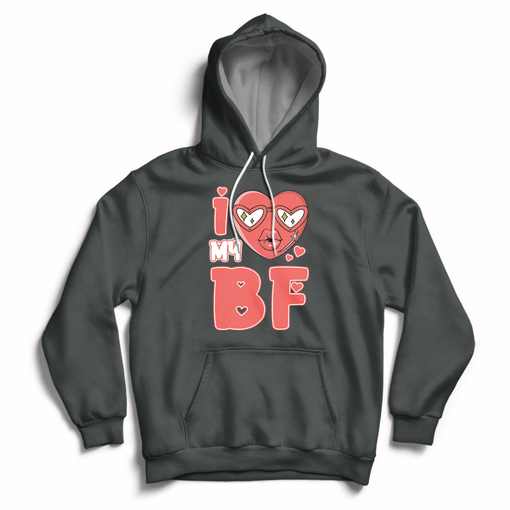 Dark gray pullover hoodie with red heart graphic and 'BF' print