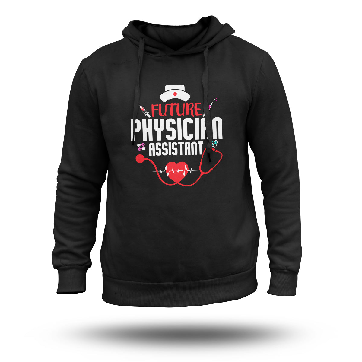 Black pullover hoodie with hood, kangaroo pocket, and stethoscope chest graphic