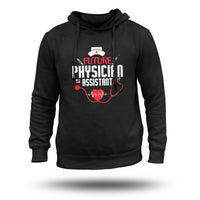Black pullover hoodie with hood, kangaroo pocket, and stethoscope chest graphic