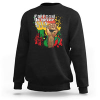 Black crewneck sweatshirt with colorful freedom graphic on the chest
