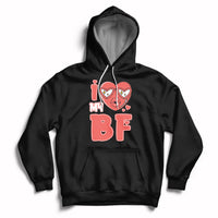 Black pullover hoodie with red heart graphic and 'BF' print