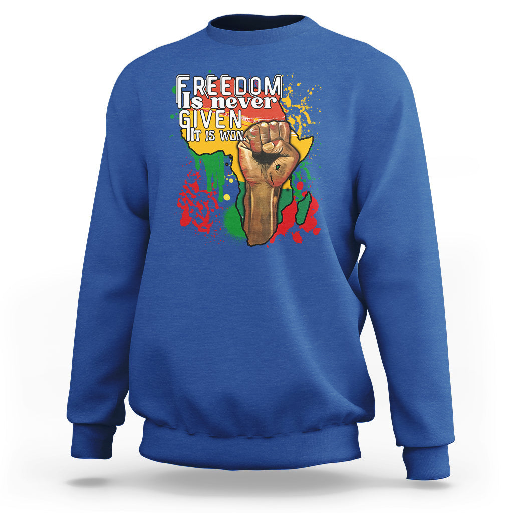 Royal blue crewneck sweatshirt with colorful freedom graphic on the chest