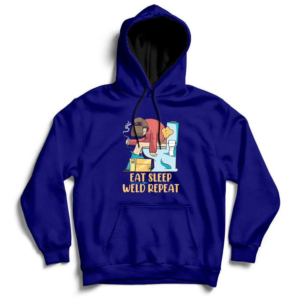 Dark blue welding hoodie with front graphic and kangaroo pocket, pullover hood with drawstrings