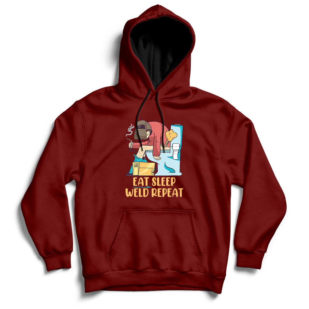 Maroon welding hoodie with front graphic and kangaroo pocket, pullover hood with drawstrings