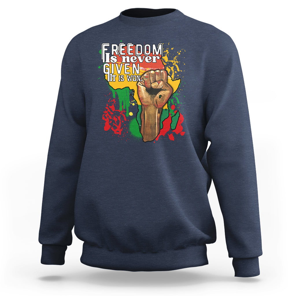 Navy crewneck sweatshirt with colorful freedom graphic on the chest