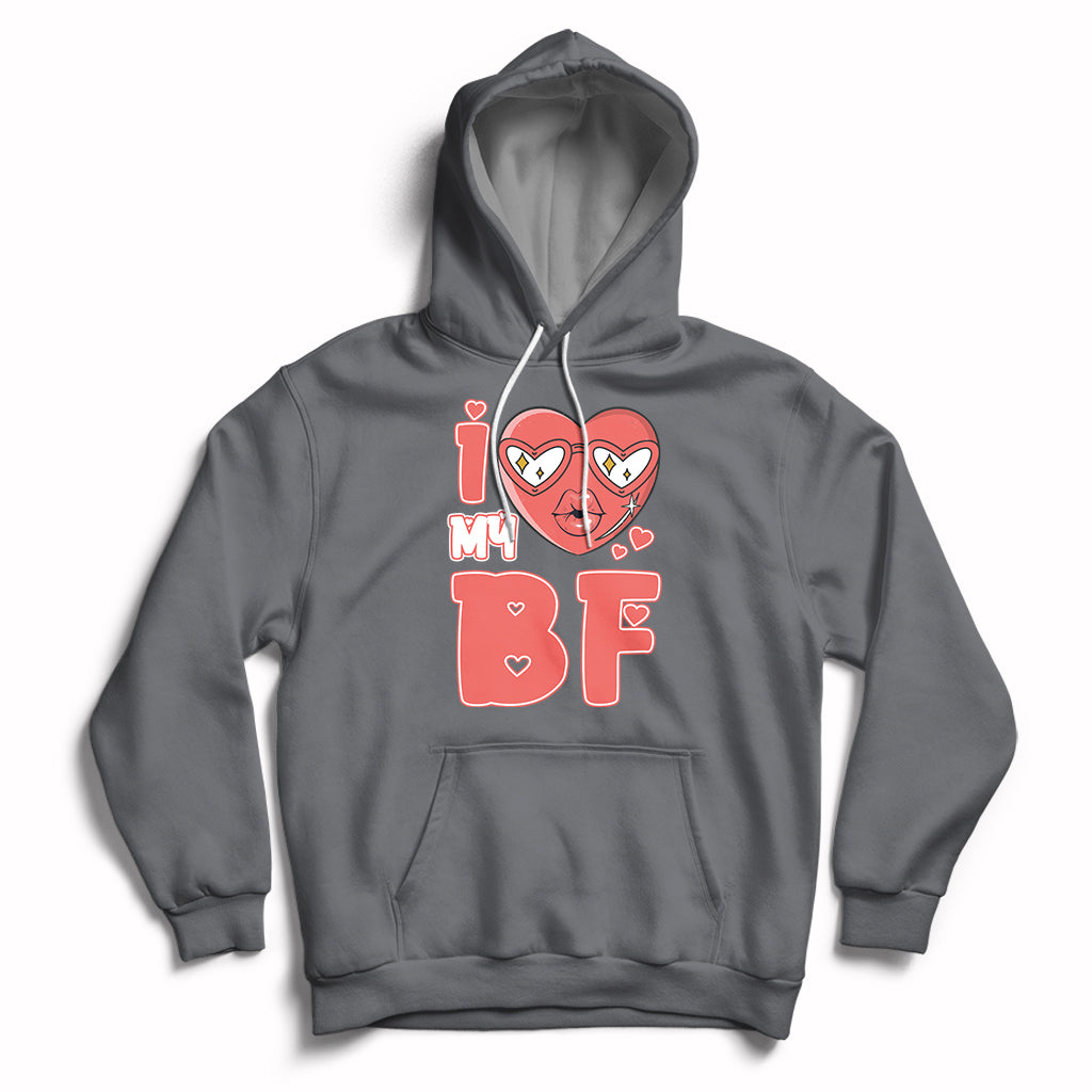 Charcoal pullover hoodie with red heart graphic and 'BF' print