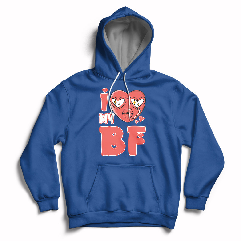 Royal blue pullover hoodie with red heart graphic and 'BF' print