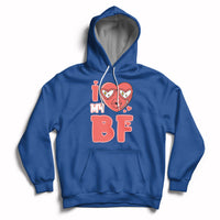 Royal blue pullover hoodie with red heart graphic and 'BF' print