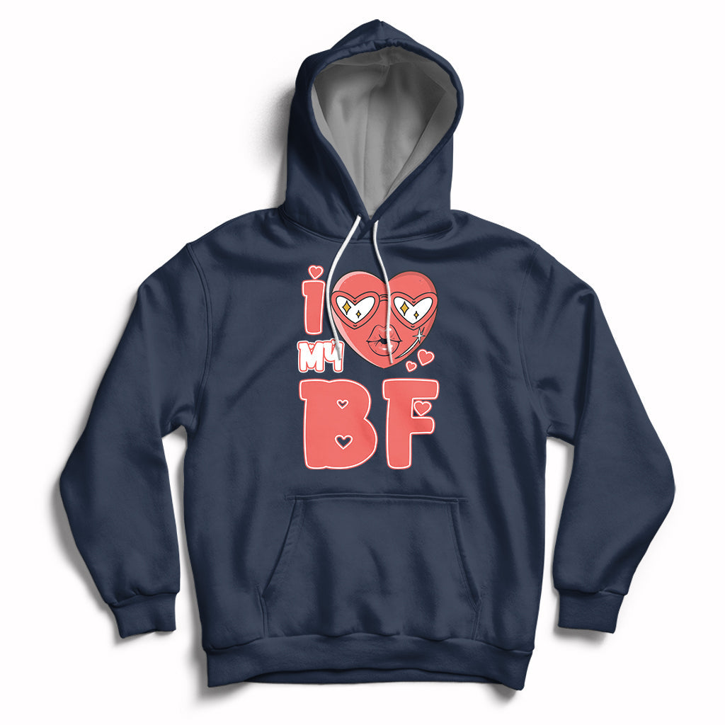 Navy pullover hoodie with red heart graphic and 'BF' print