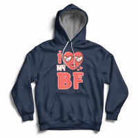 Navy pullover hoodie with red heart graphic and 'BF' print