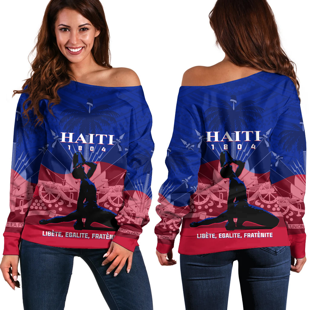 Haiti Off Shoulder Sweater Negre Marron With Coat Of Arms Polynesian Style - Wonder Print Shop