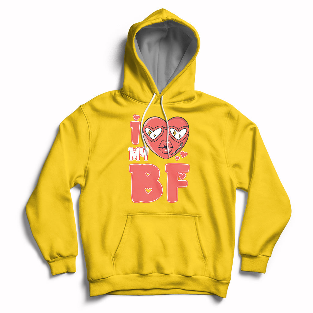 Yellow pullover hoodie with red heart graphic and 'BF' print