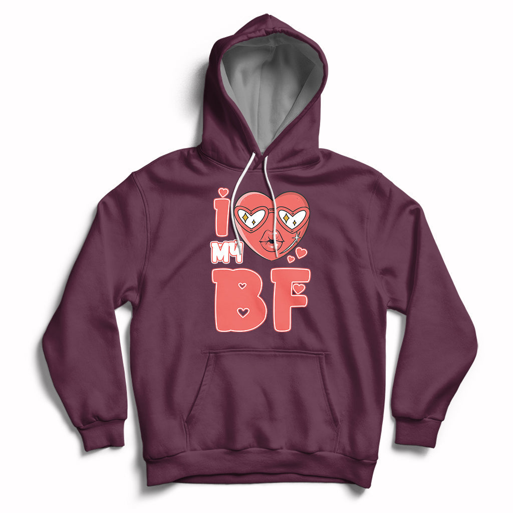 Maroon pullover hoodie with red heart graphic and 'BF' print