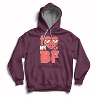 Maroon pullover hoodie with red heart graphic and 'BF' print