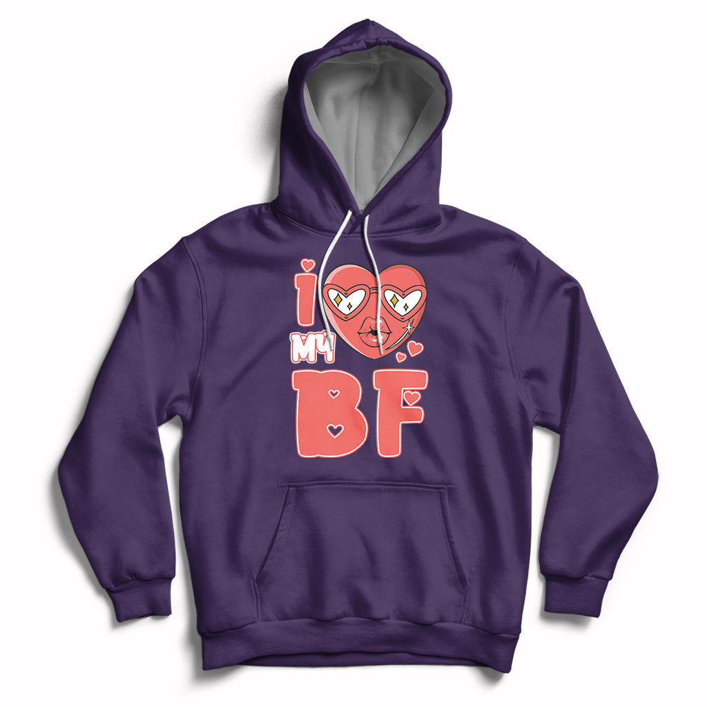 Purple pullover hoodie with red heart graphic and 'BF' print