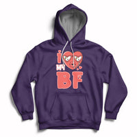 Purple pullover hoodie with red heart graphic and 'BF' print