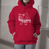 Red bulldog graphic hoodie with front text print, pullover hood and kangaroo pocket