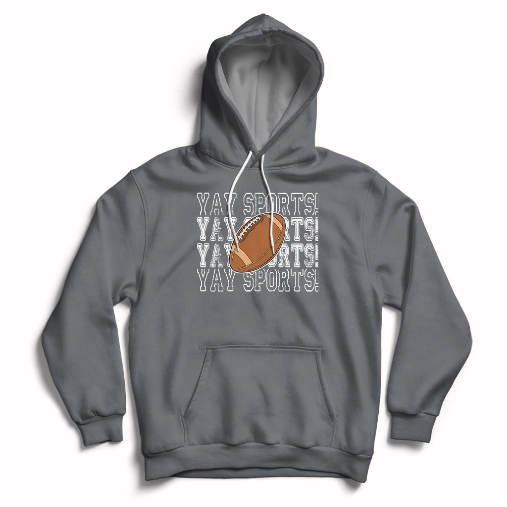 Sports football hoodie in charcoal gray with varsity-style text, football graphic, and front pocket.