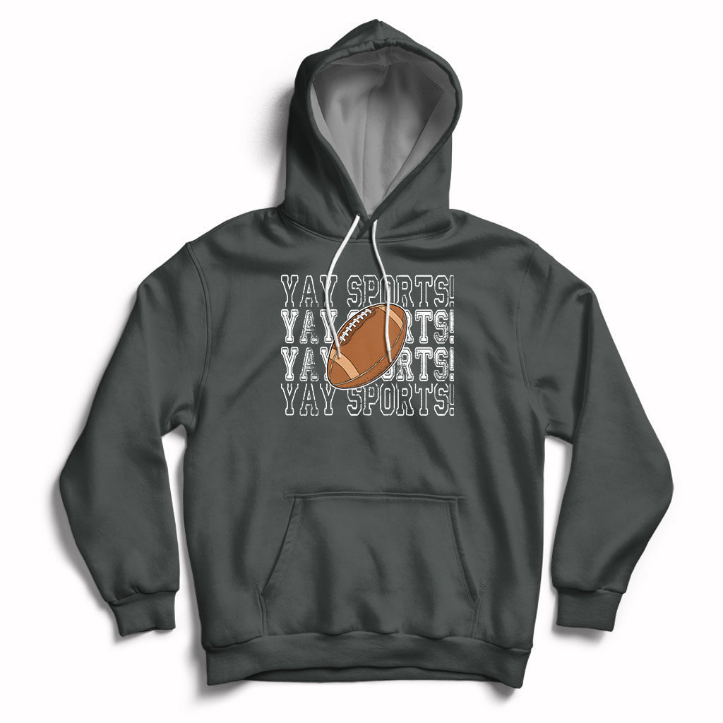 Sports football hoodie in dark gray with varsity-style text, football graphic, and front pocket.